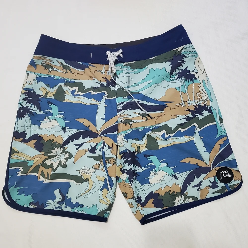 Quicksilver High Line Board Shorts Blue Surfer Print 33 Waist